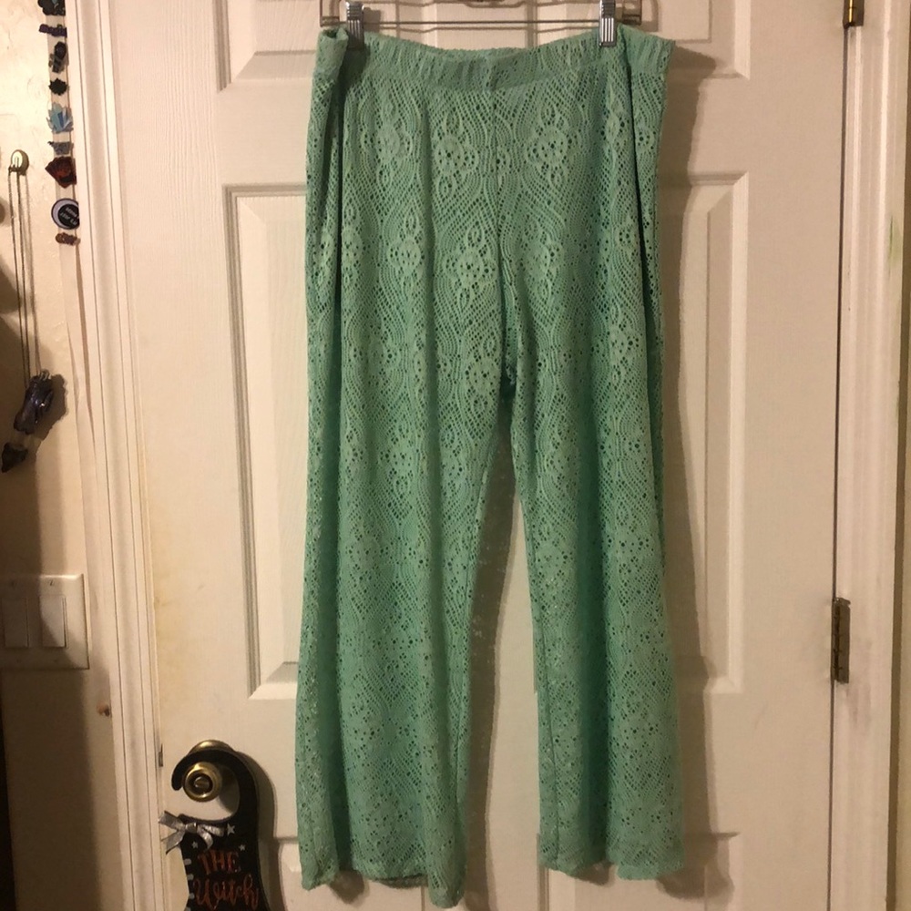 Mint green lace pants with slip shorts